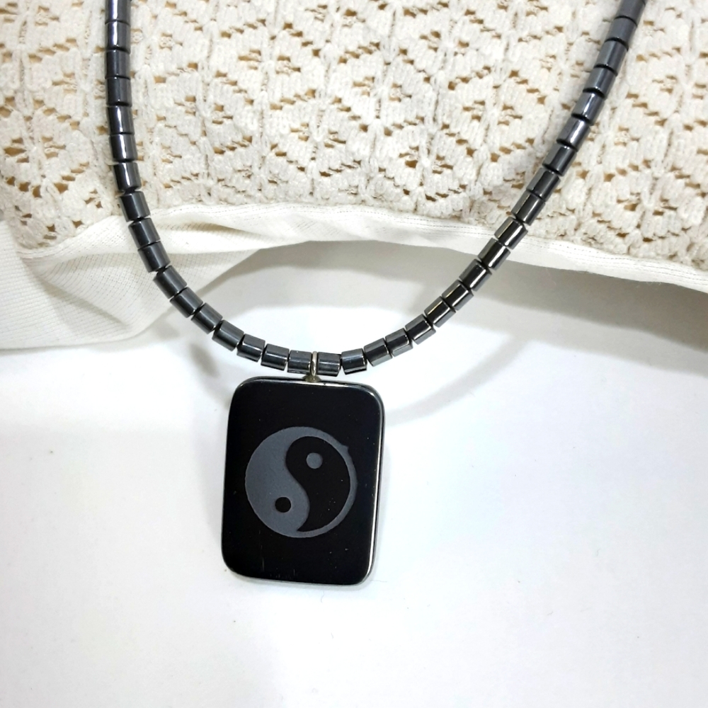 YIN YANG Hematite Beaded Necklace 17" for Men or Women Unisex